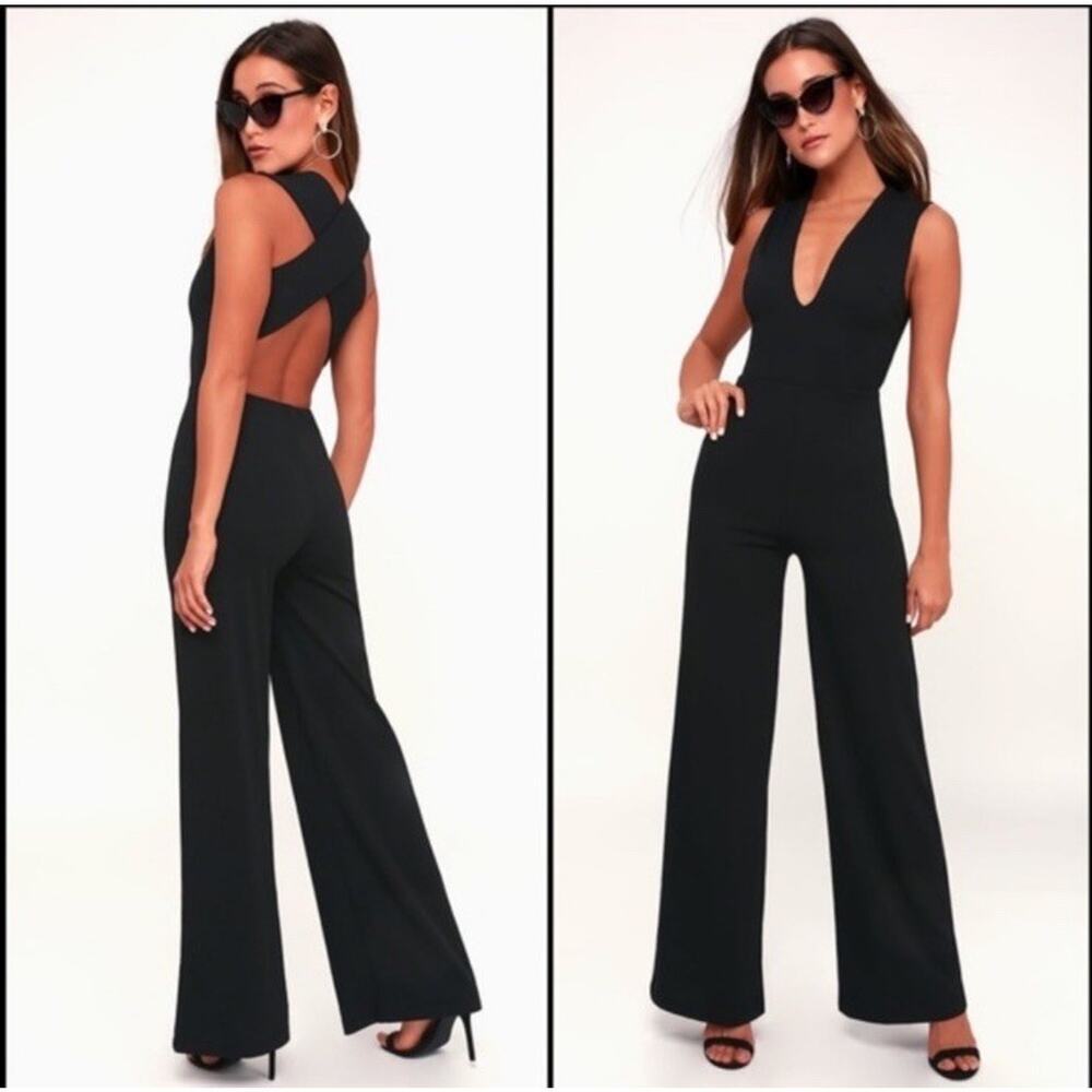LULUS Thinking Out Loud Backless Black Jumpsuit Criss Cross Open Back Wide Leg S